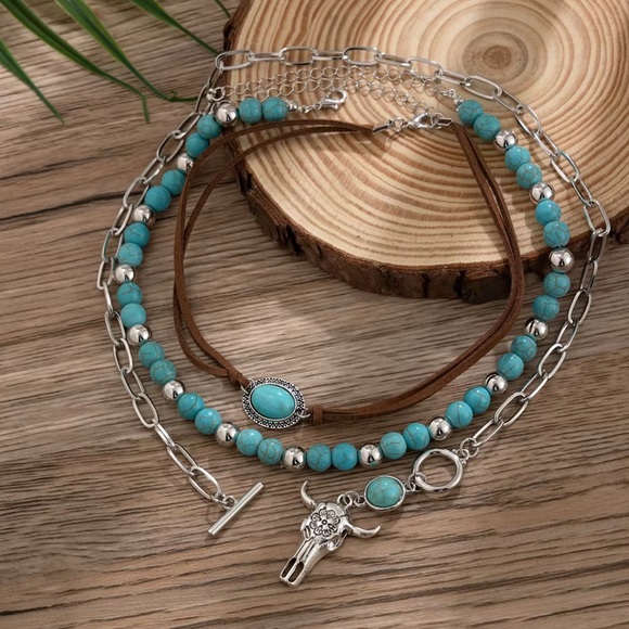 Western Turquoise Layered Necklace Set – Boho Cowgirl Statement Jewelry Cowgirl - Picture 3 of 4